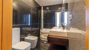 Regadera, secadora de cabello, bidet, toallas