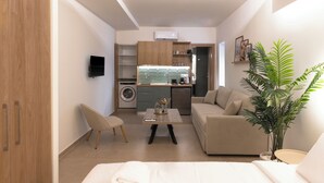 Un espacio habitable compacto con kitchenette, un sofá, una silla y una mesa de centro.