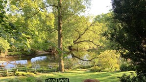 Un parco con una panchina, uno stagno e un muro in pietra.