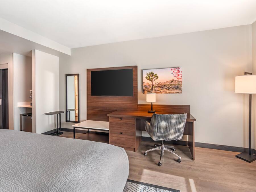 Een hotelkamer met een bed, een bureau met stoel, een televisie, een schilderij en een vloerlamp.