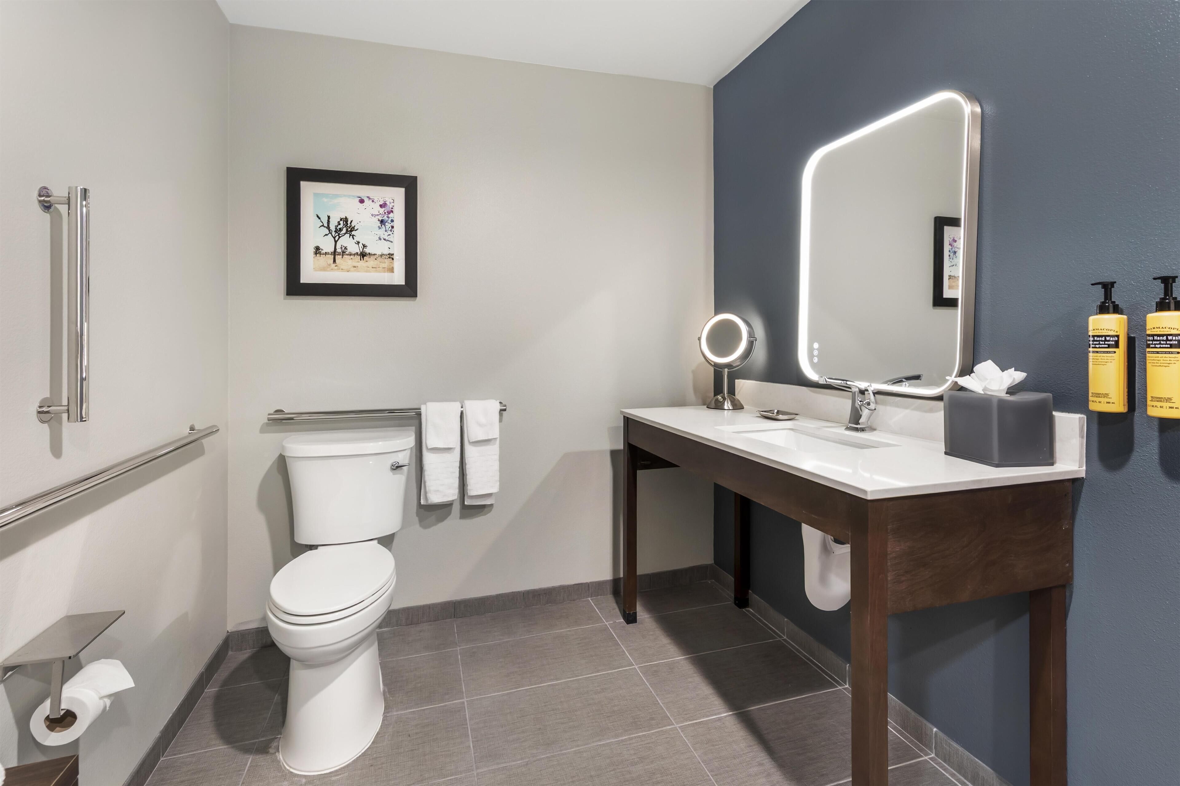 A modern bathroom with a toilet, sink, and mirror.