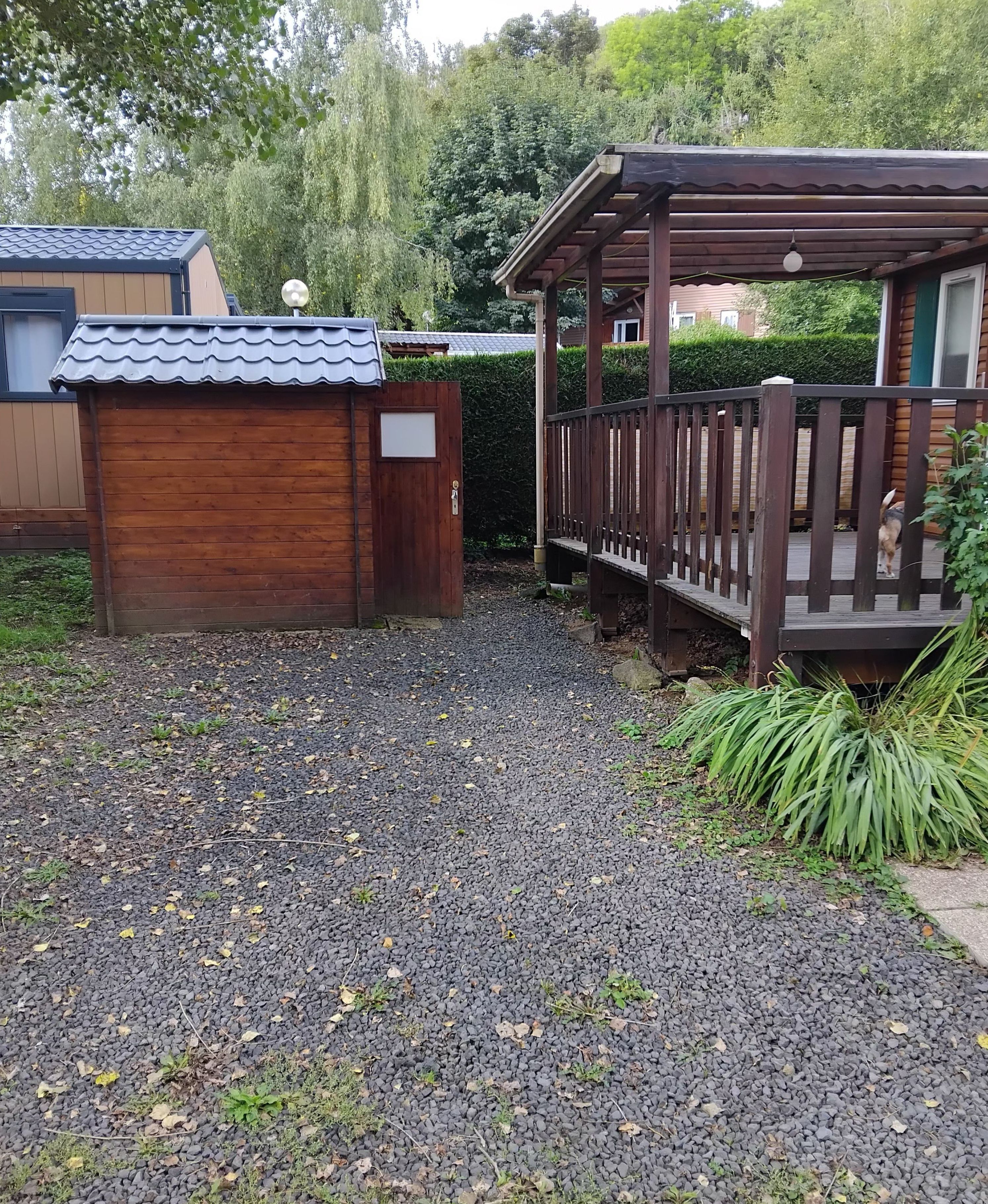 Une structure en bois surmontée d’un toit en métal, avec un chemin de gravier et une terrasse en bois dotée d’une rambarde.