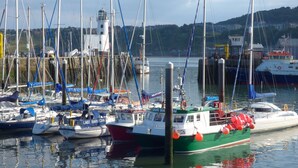 A marina with various boats docked, including a green and white boat with red buoys, a white boat with a red stripe, and a blue boat named "LAST BARBICAN". - Esplanade Gardens, Apartment 1 (Scarborough)