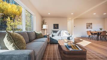 Smart TV, fireplace, foosball