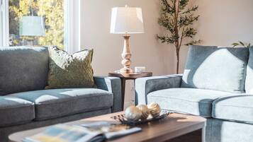 Smart TV, fireplace, foosball