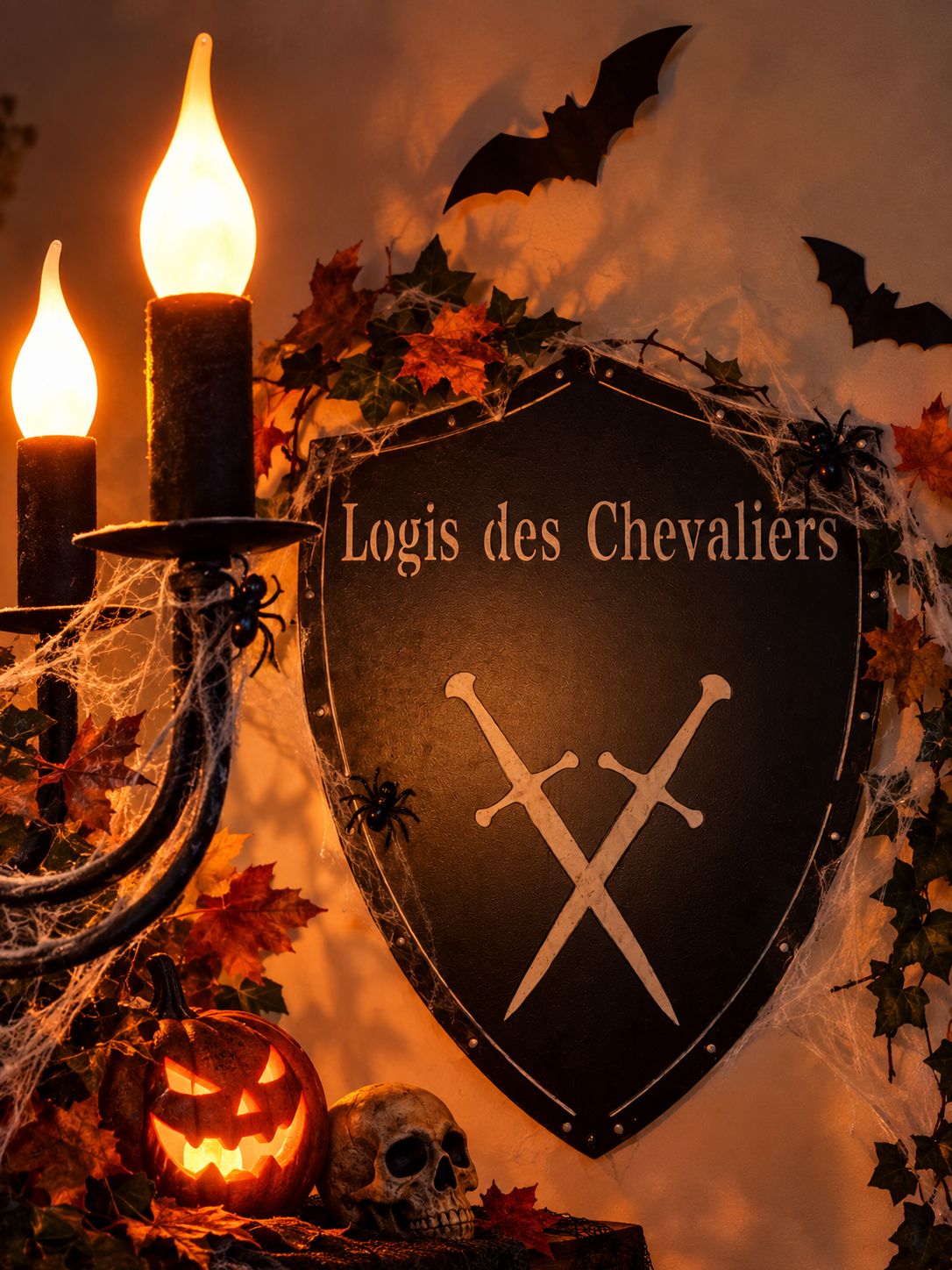 A shield-shaped sign with a crossed sword emblem, surrounded by autumn leaves and spider decorations.