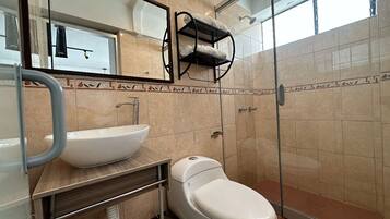 Shower, towels, soap, toilet paper