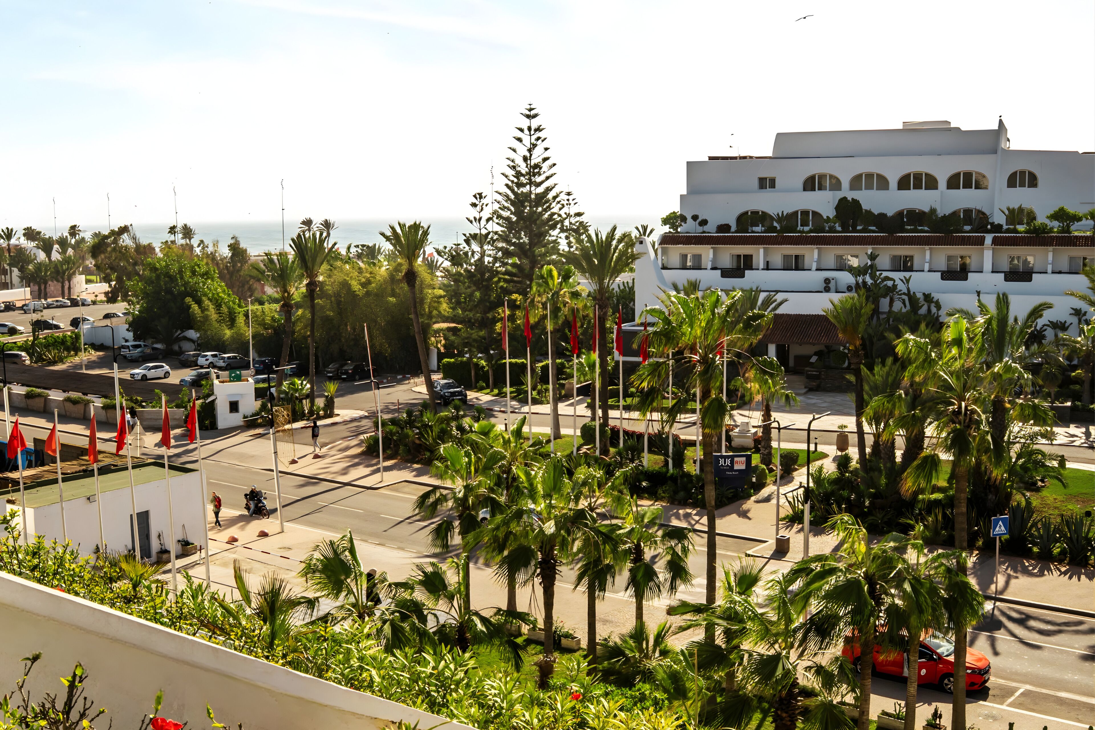 Un hotel con fachada blanca, palmeras y vista al mar.