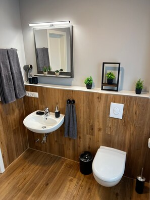 Douche, sèche-cheveux, serviettes fournies, savon