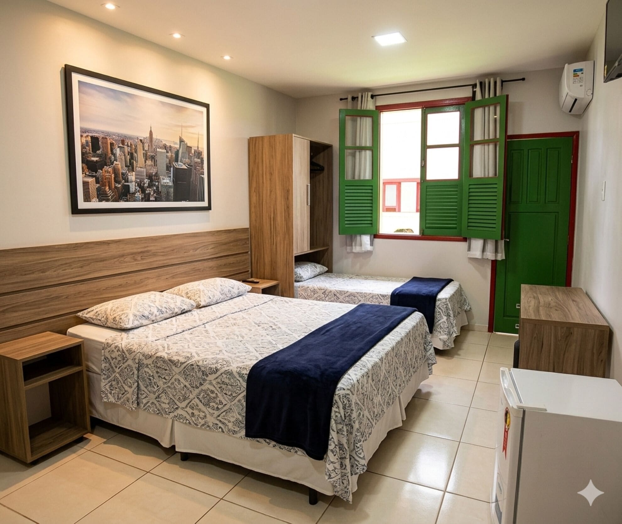 Habitación de hotel con dos camas, un armario, un escritorio y una pintura de un paisaje urbano.