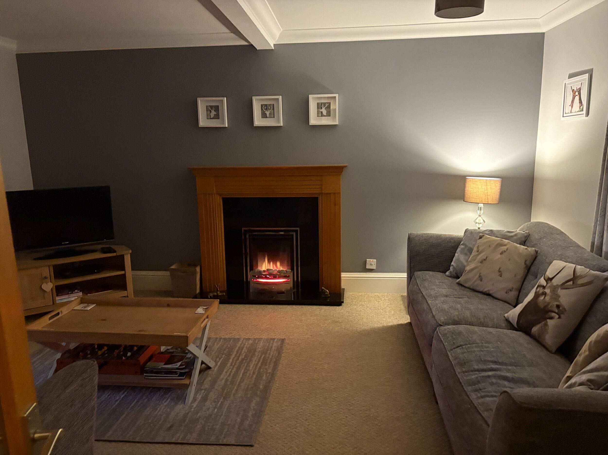 A living room with a fireplace, a television, and a sofa with decorative pillows.