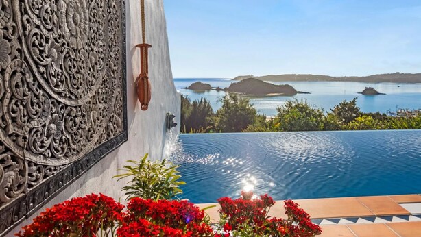 A pool with a view of the sea and islands, surrounded by red flowers and ornate wall carvings. - Seabreeze Sanctuary - Paihia Holiday Home (Paihia)