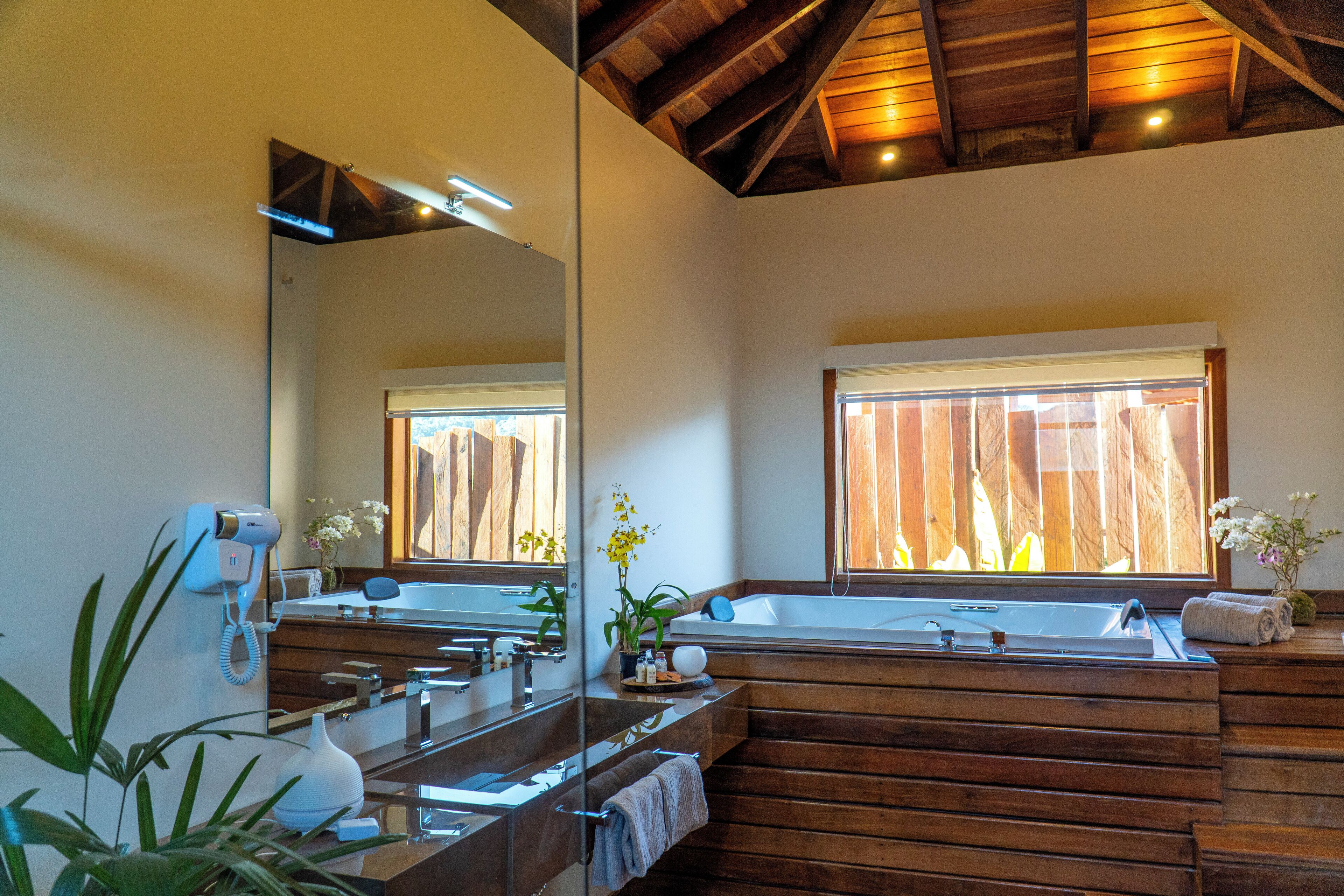 Separate tub and shower, deep soaking tub, designer toiletries