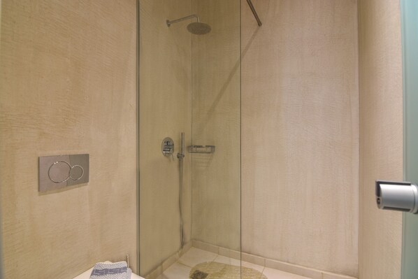 Shower, hair dryer, towels, shampoo