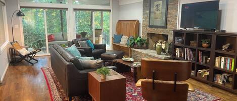 Smart TV, chimenea, reproductor de DVD y libros