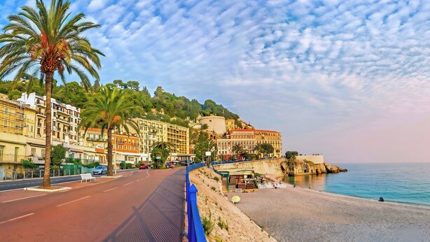 Eine Küstenstraße mit Gebäuden, einer Palme und einem Strand.