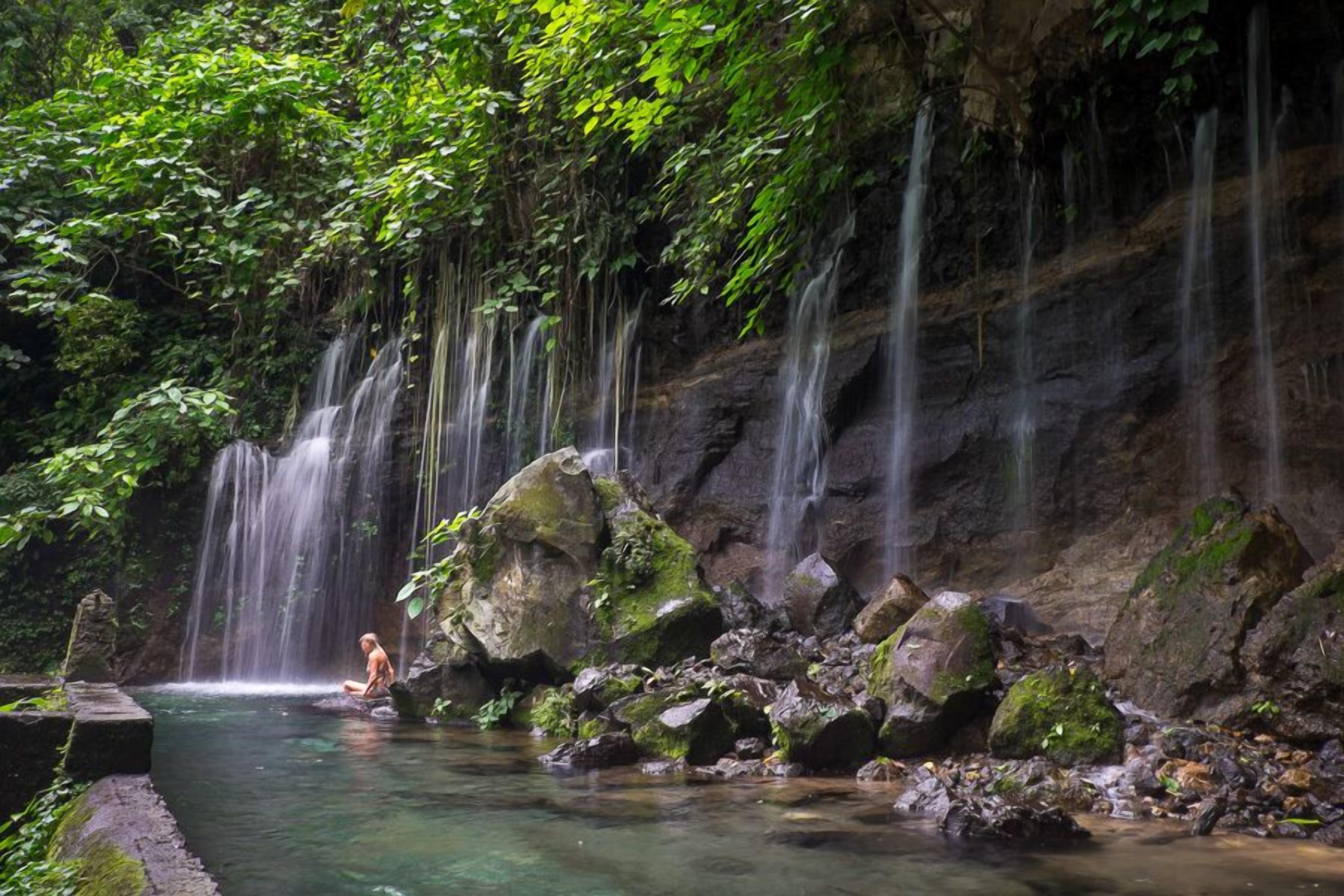 Ein Wasserfall stürzt in einen klaren Pool, umgeben von Felsen und Grünpflanzen.