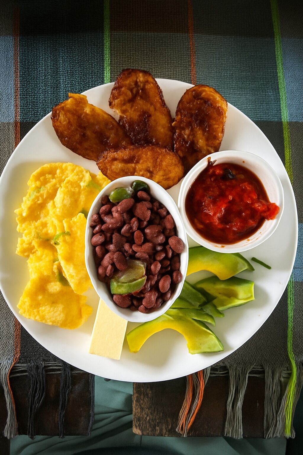Ein Teller mit gebratenen Kochbananen, Kartoffelpüree, Bohnen, Avocadowürfeln und zwei verschiedenen Soßen.