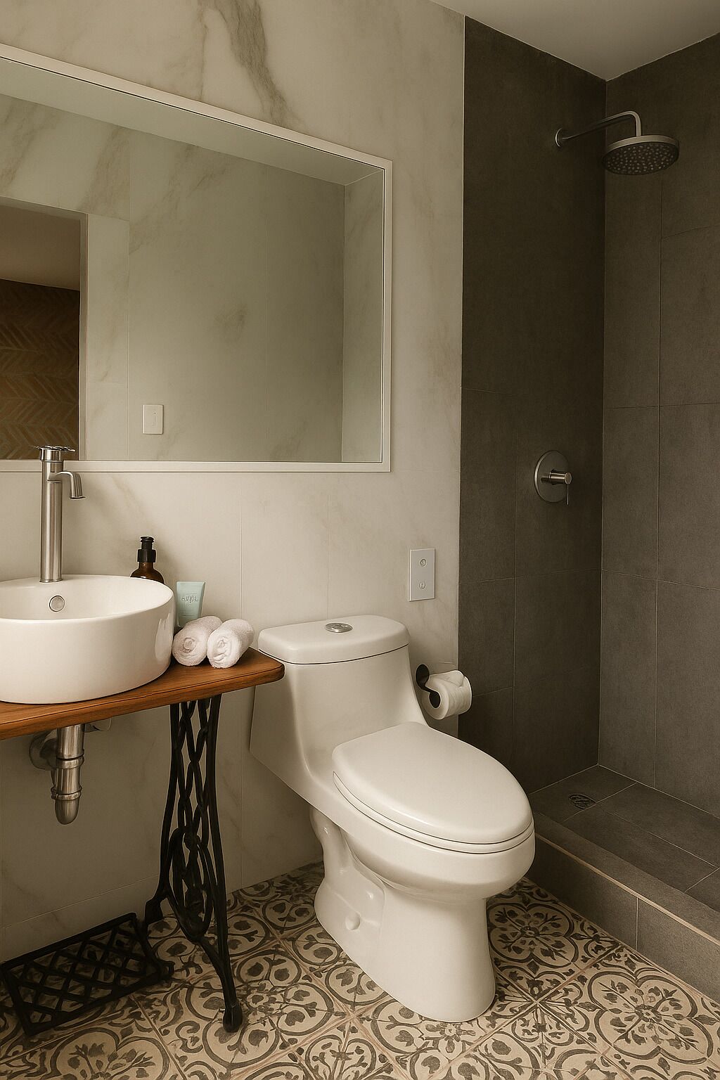 A bathroom with a sink, toilet, and shower.
