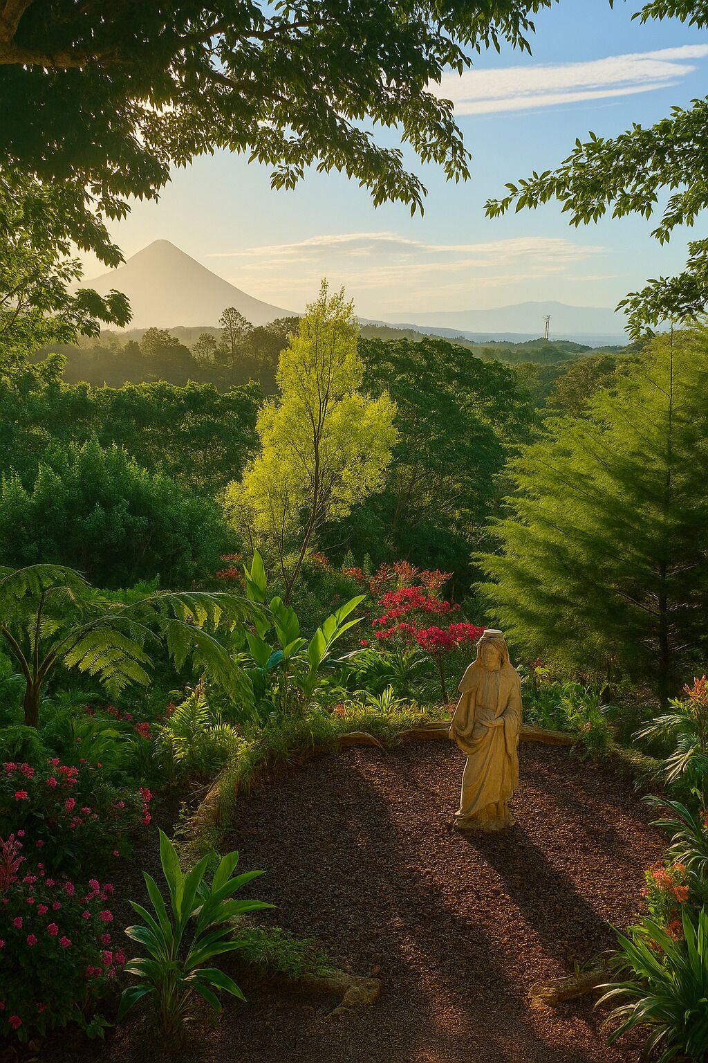 A statue in a garden with a mountain in the background.