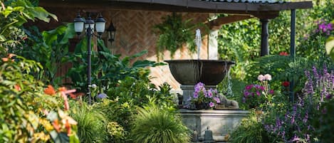 Een tuin met een fontein, een pergola en verschillende planten.