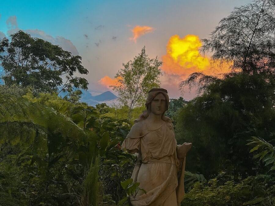 Uma estátua em um jardim exuberante, com o pôr do sol ao fundo.