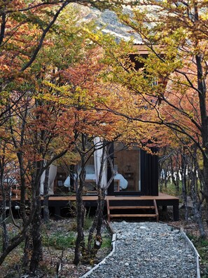 A cabin with a wooden deck, surrounded by trees with autumn foliage, and a gravel path leading to the entrance. - Viento de Glaciares (El Chalten)