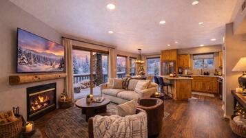 Smart TV, fireplace, ping pong, books