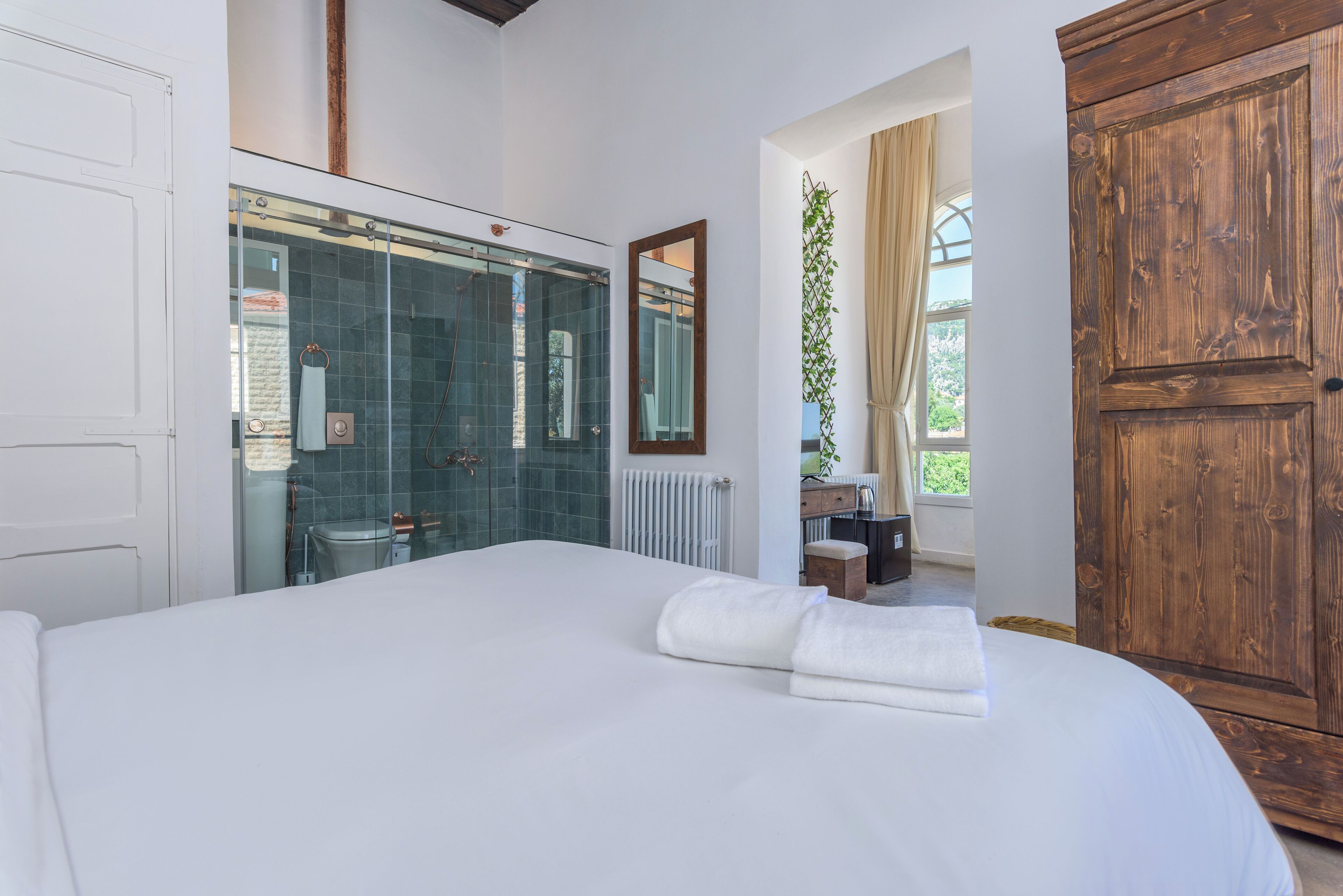 A hotel room with a large bed, a glass shower enclosure, a wooden wardrobe, and a view of greenery outside.