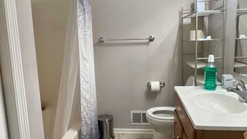 Secador de cabelo, toalhas de banho, sabonete, shampoo