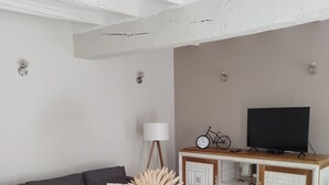 A living room with a grey sofa, a wooden coffee table with a vase, a white cabinet with a television, and a bicycle on top. - 2 minutes from Beauval Zoo - SEIGY - LE GITE DES ECUREUILS 4 / 6 persons (Seigy)