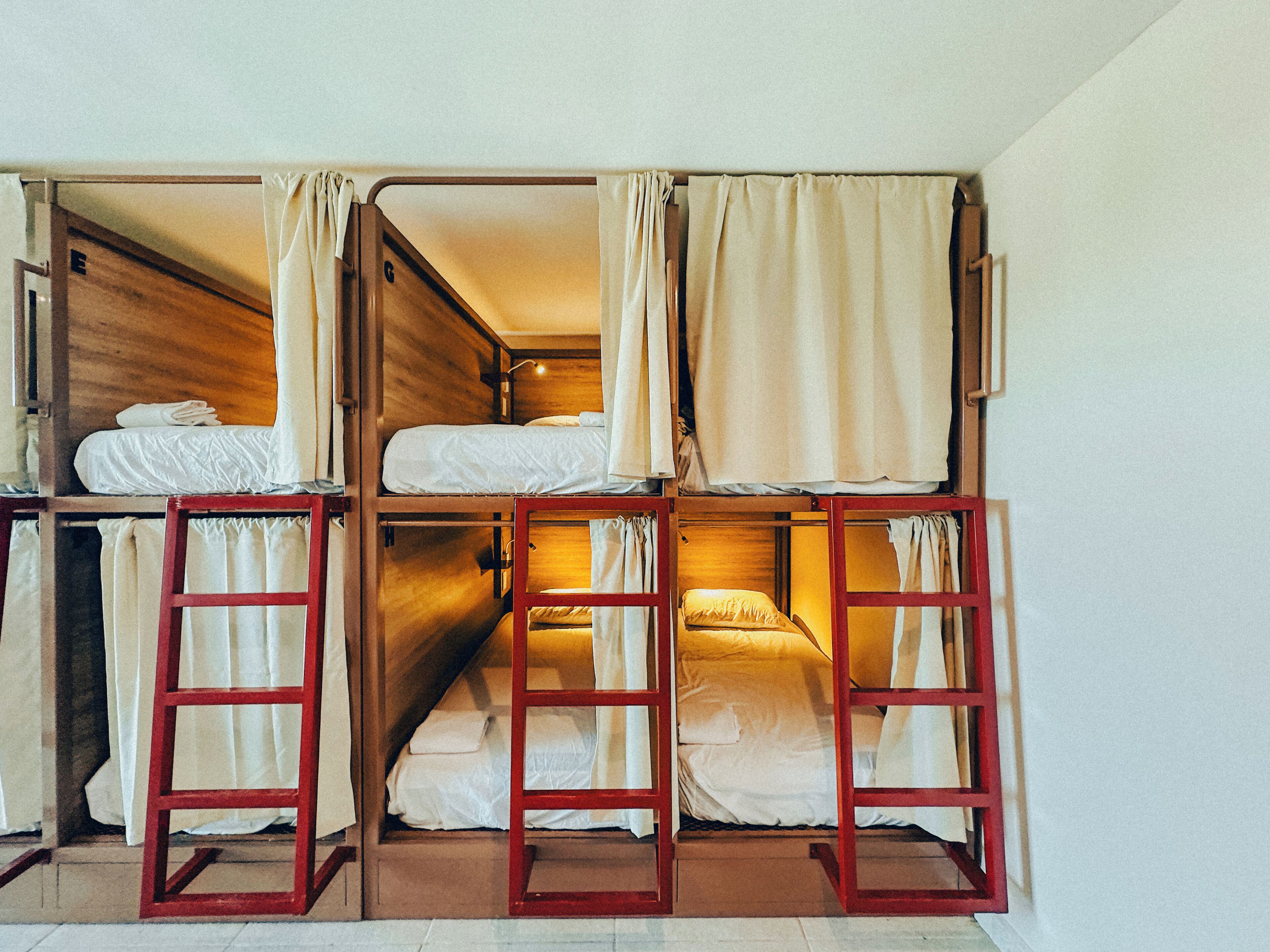 A bunk bed room with wooden walls and a ladder.