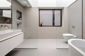 Shower, hair dryer, towels, soap