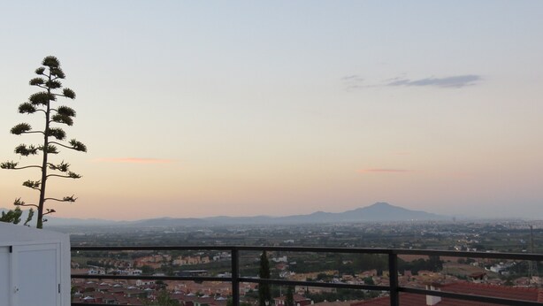 Une vue sur un paysage urbain avec une montagne à l’horizon, une balustrade de balcon et un grand arbre au premier plan.