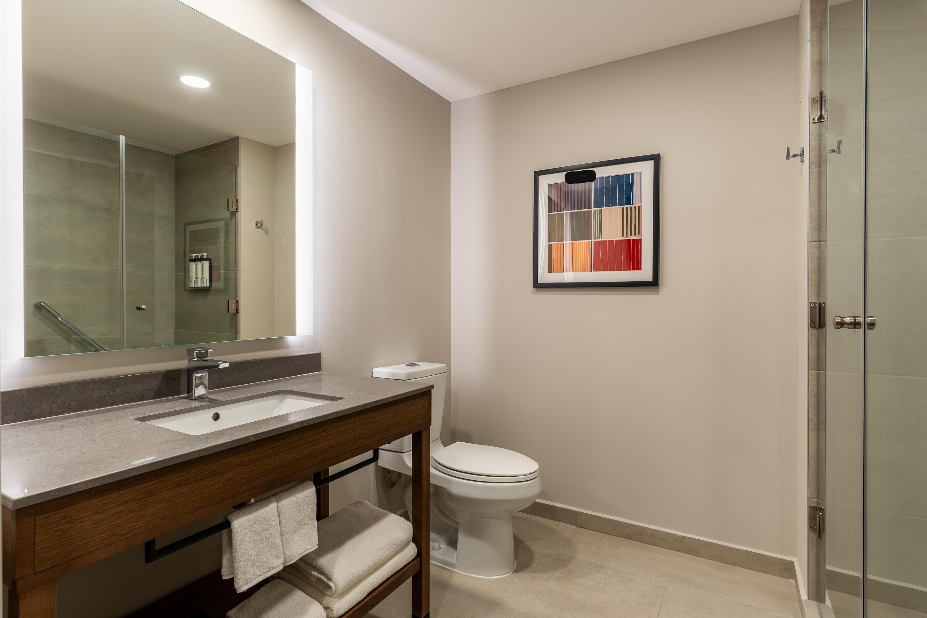 A modern bathroom with a large mirror, a sink, a toilet, and a shower.