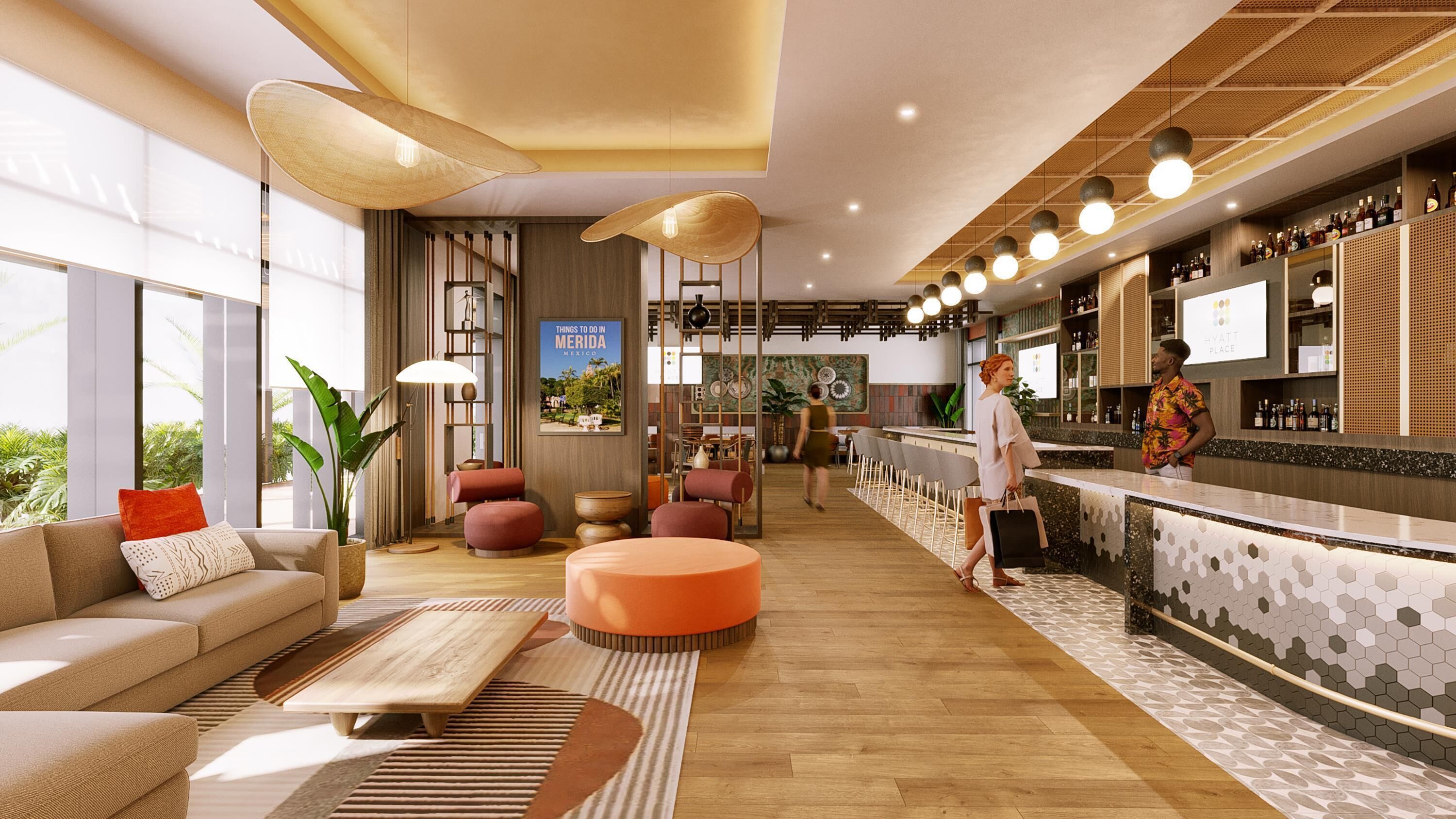 A modern hotel lobby with a bar area, seating arrangements, and a large window providing a view of the outdoors.