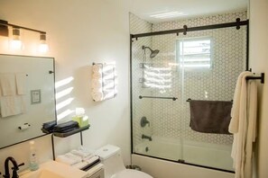 Shower, hair dryer, towels, soap