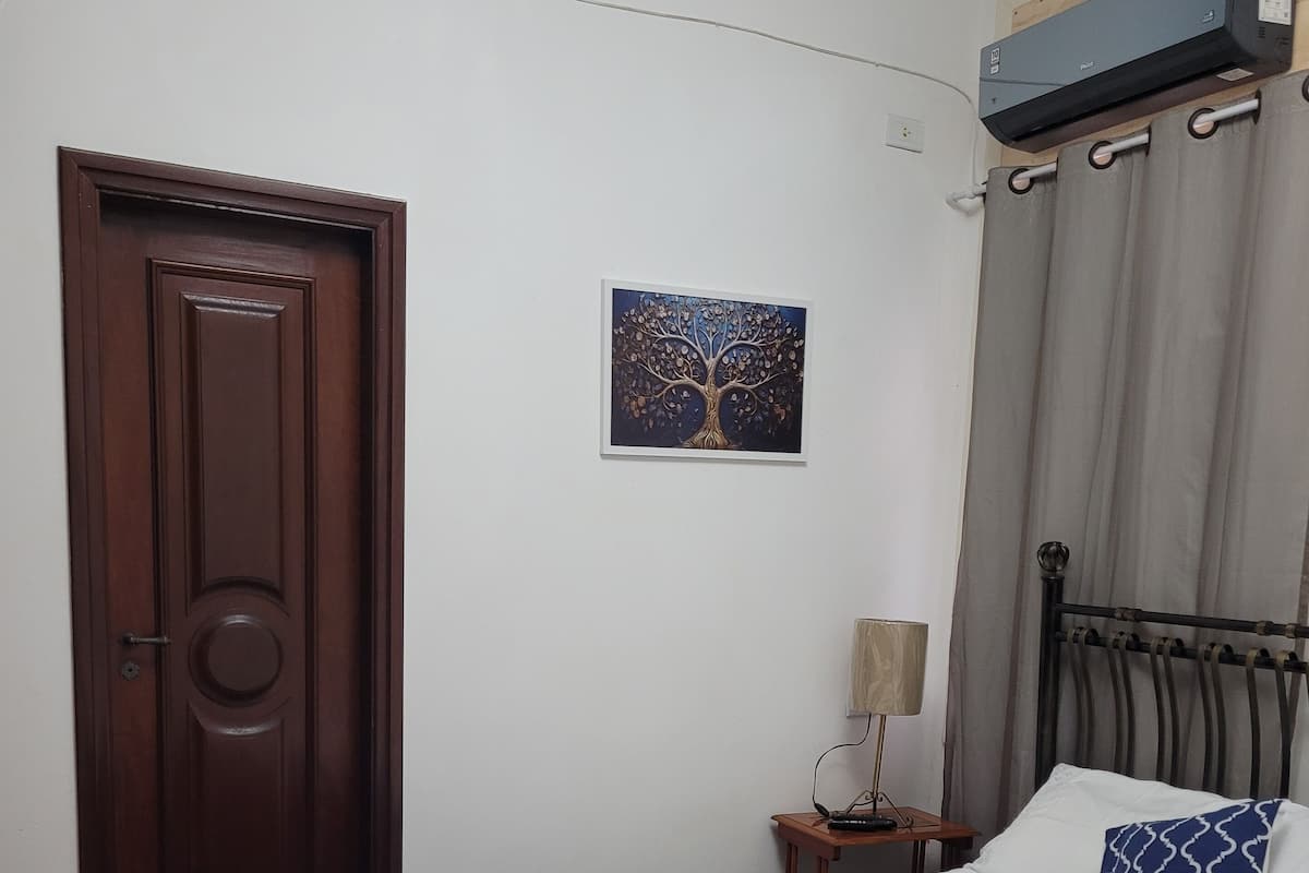 A bedroom with a wooden door, a bed with a blue bedspread, a white pillow, a blue patterned pillow, a nightstand with a lamp, and a wall-mounted air conditioner.