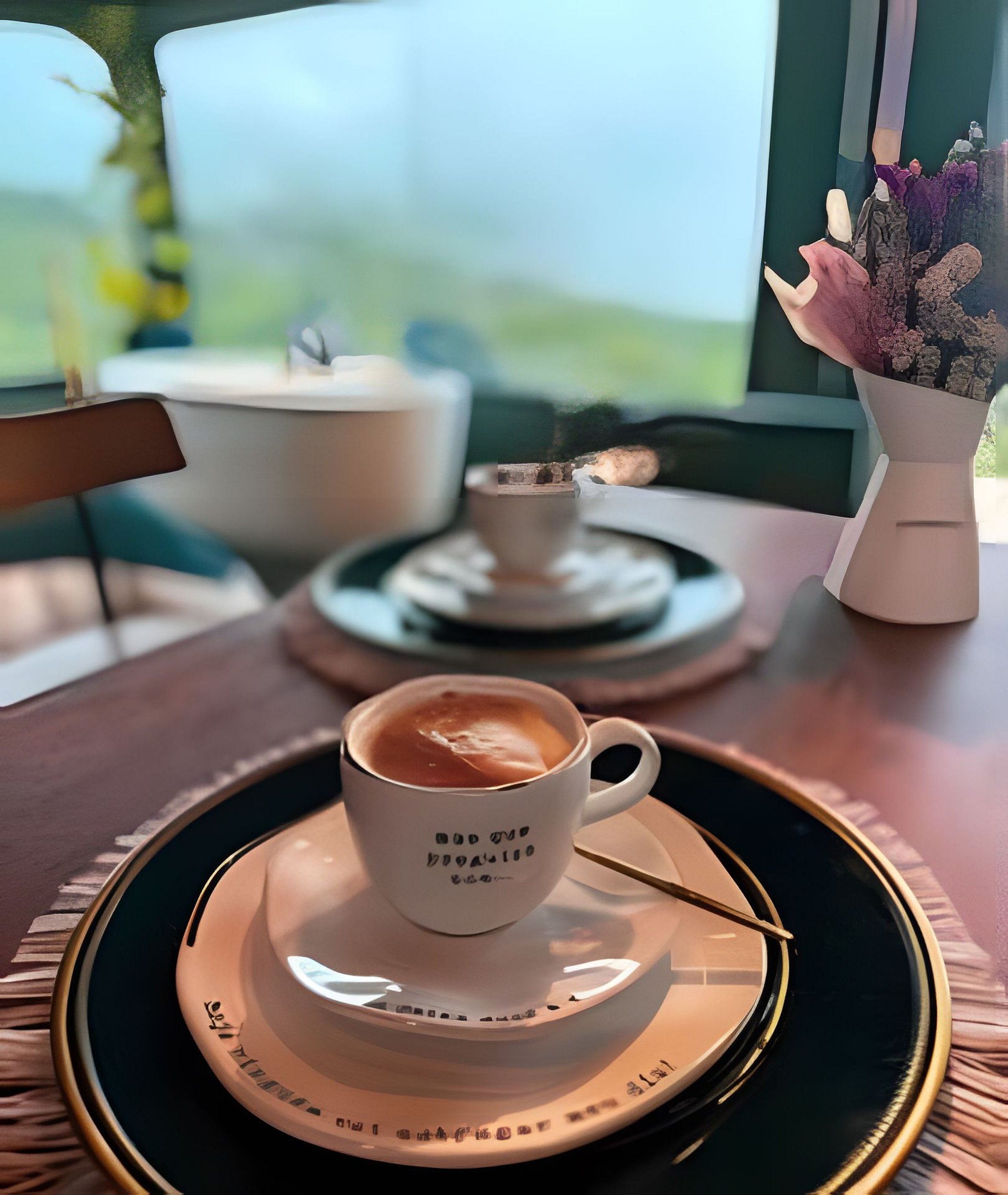 Una taza de café sobre un platito, un plato debajo, un jarrón con flores y una ventana con vistas a follaje.