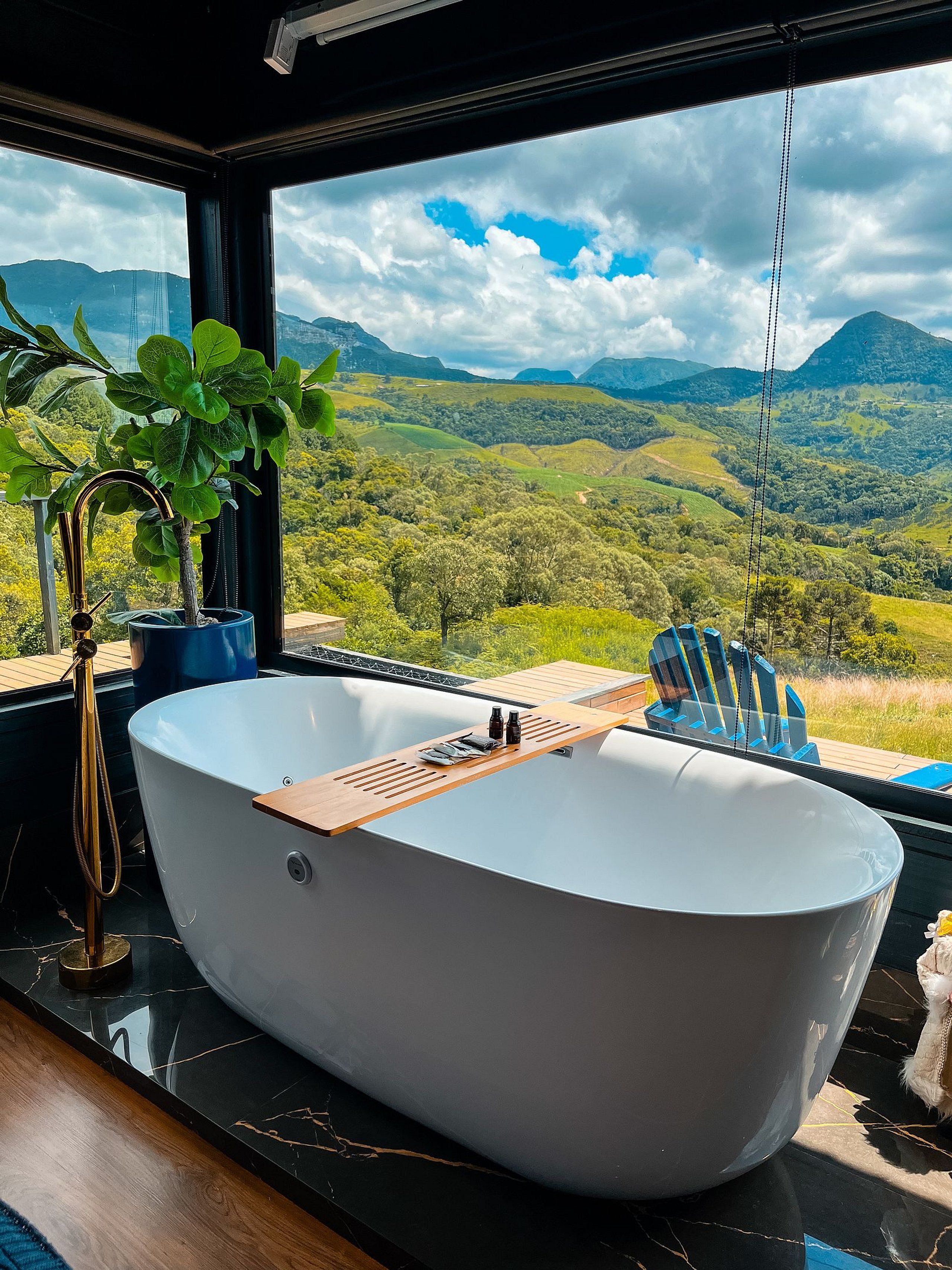 A modern bathroom with a freestanding bathtub, a wooden tray, and a potted plant.