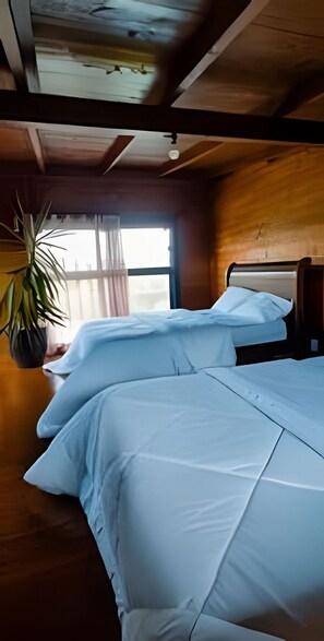 Ein Zimmer mit zwei Betten, Holzwänden, einem großen Fenster und einer Zimmerpflanze.
