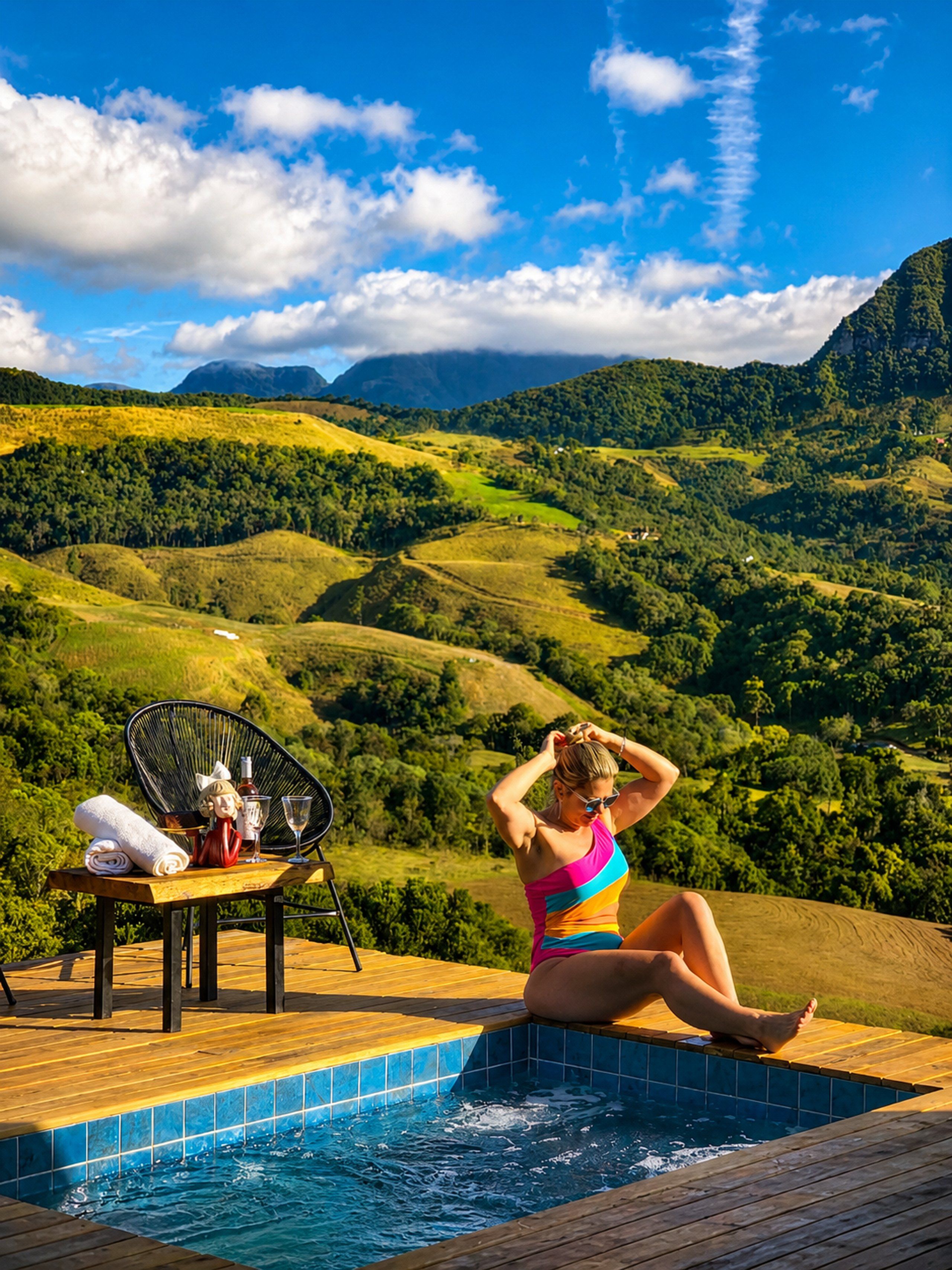 Área da piscina com vista para colinas ondulantes e céu claro.