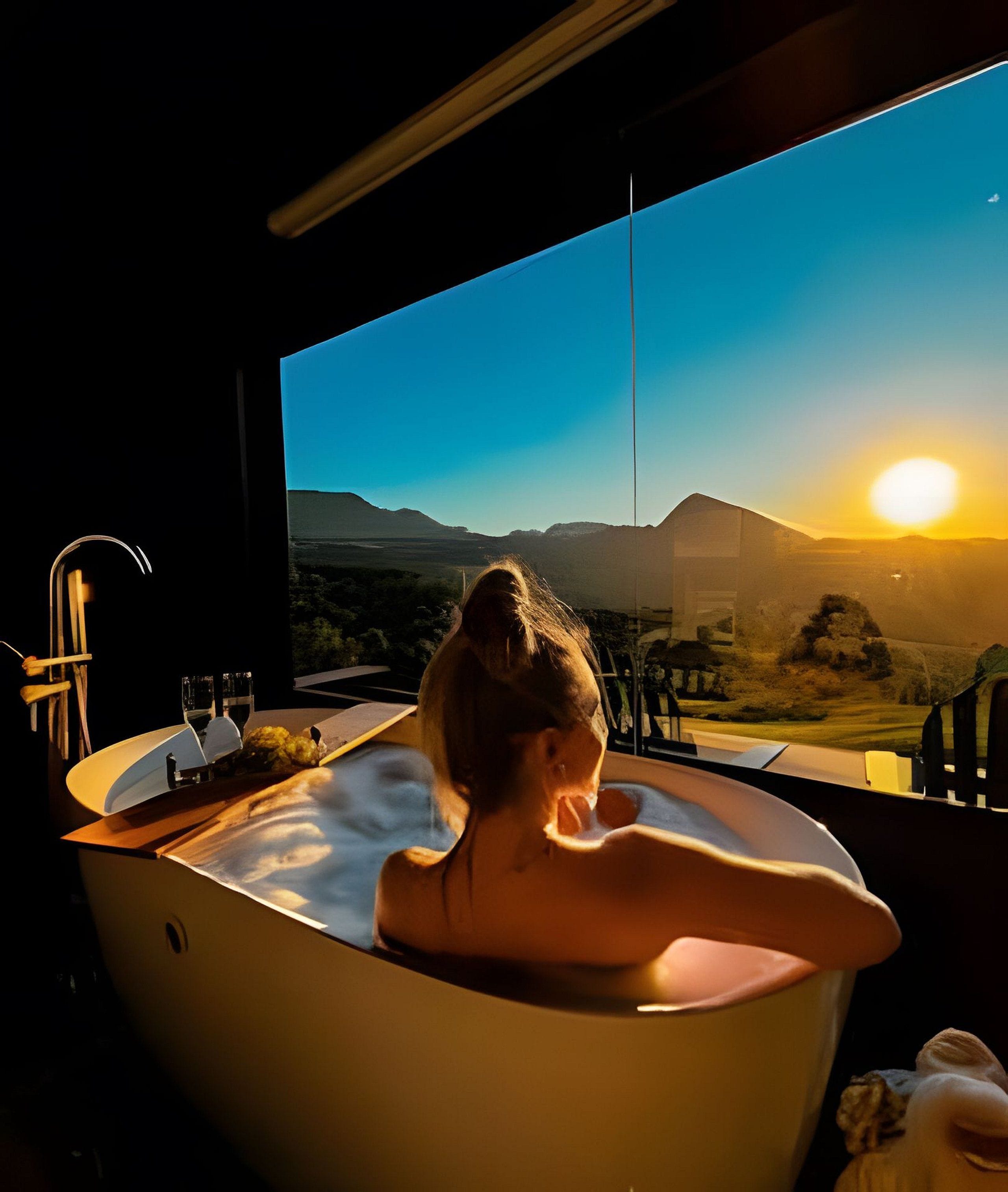 A woman in a bathtub with a view of mountains and a sunset.