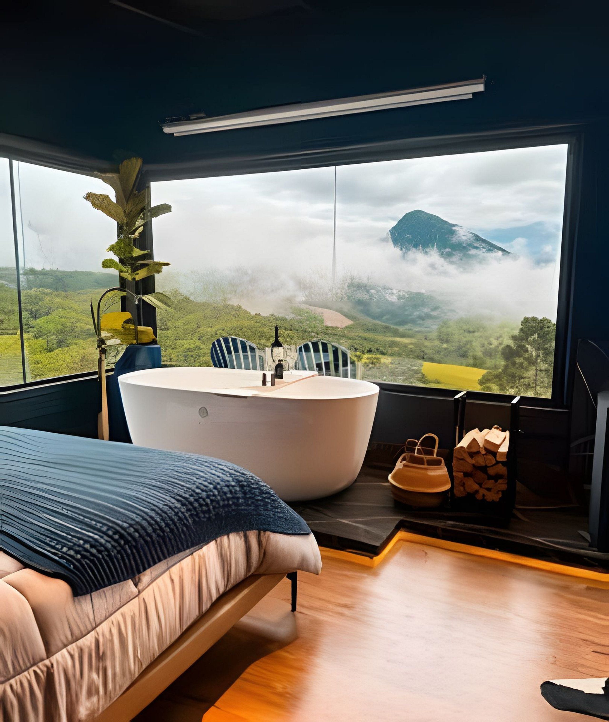 Ein Schlafzimmer mit großem Fenster, einem Bett, einer Badewanne und Blick auf eine gebirgige Landschaft.