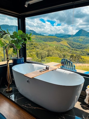 Um banheiro moderno com uma banheira independente, um tabuleiro de madeira e uma planta em vaso.