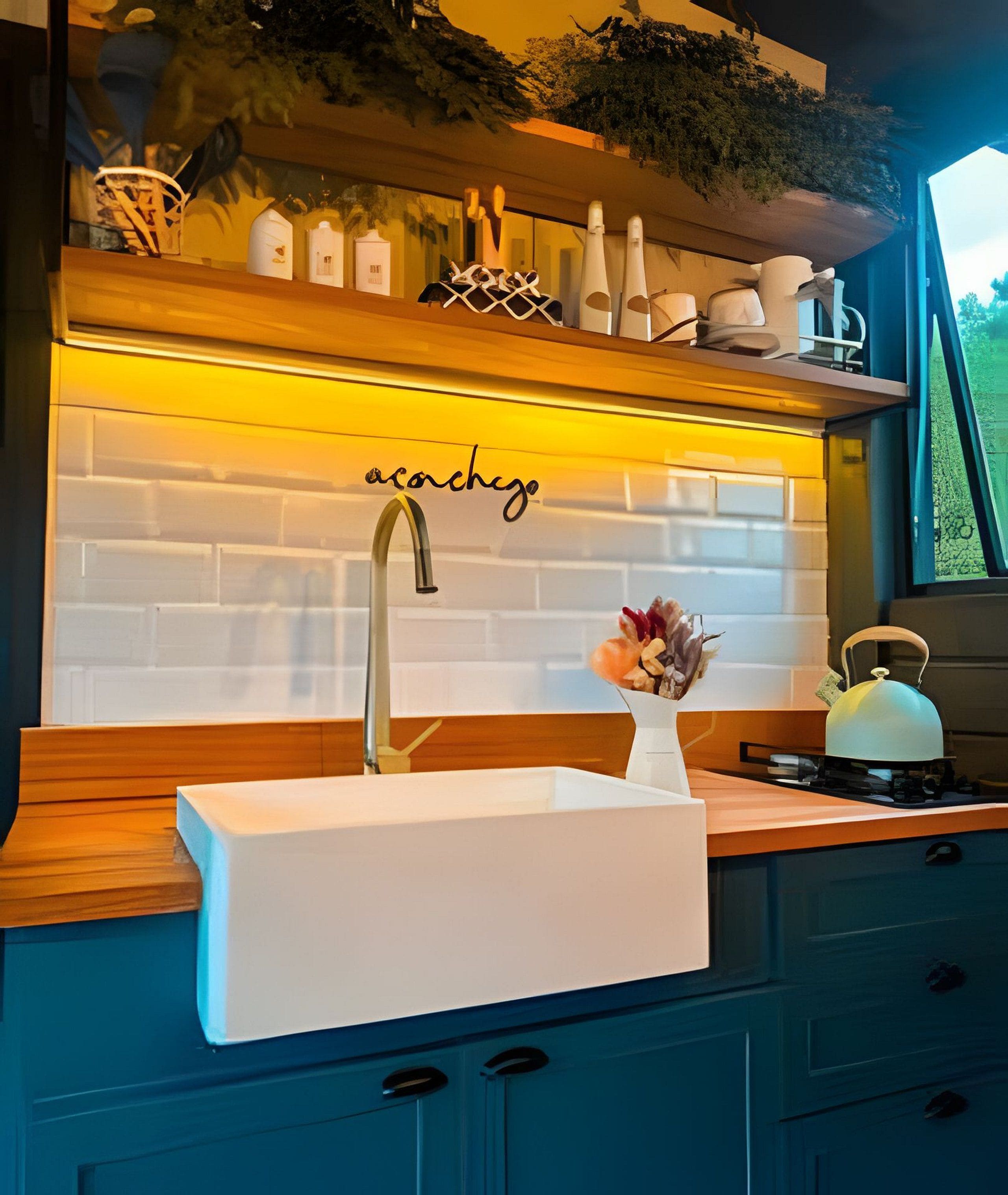 A kitchen with a white sink, wooden countertop, and a window with a view.