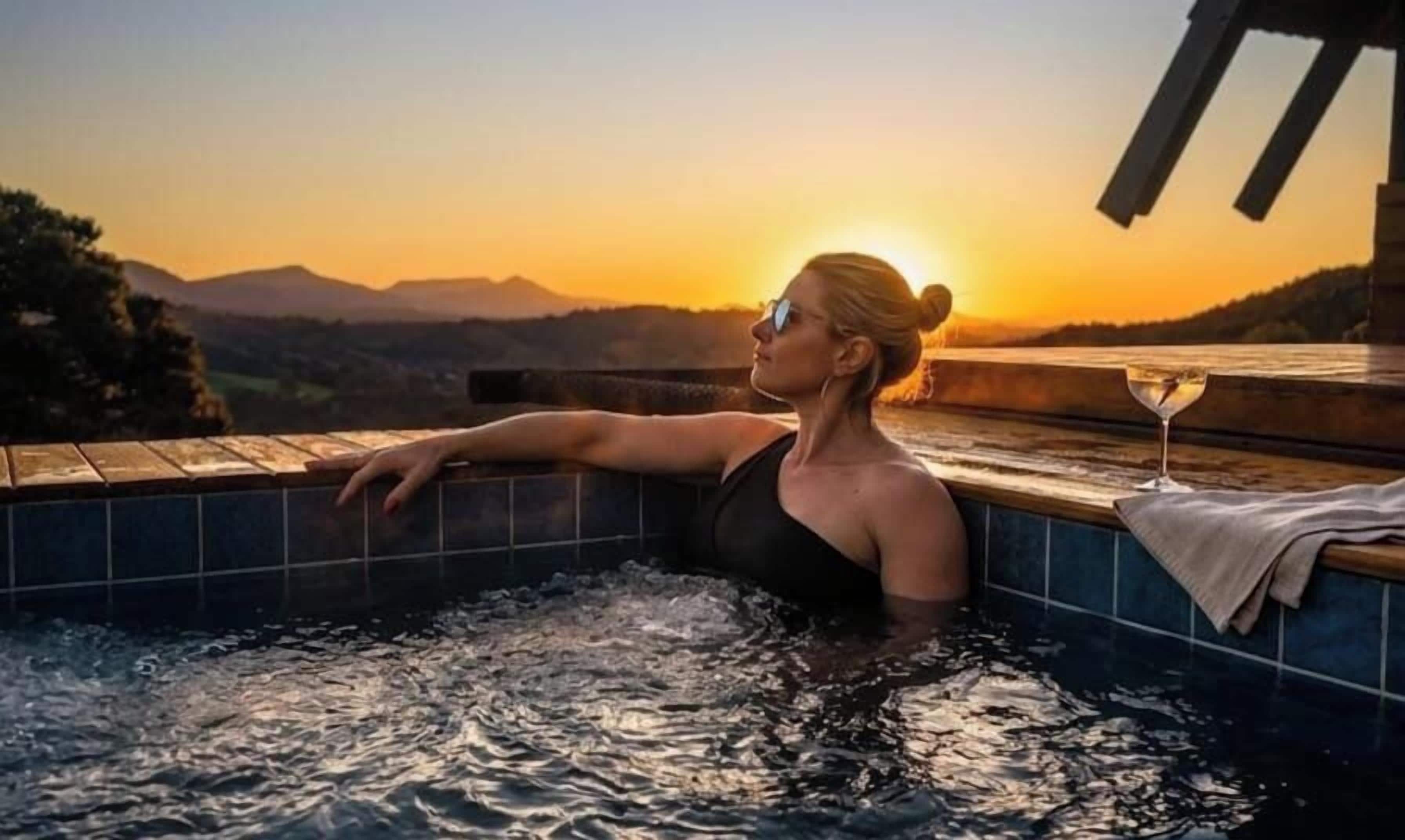 Una persona relajándose en un jacuzzi con vista al atardecer.