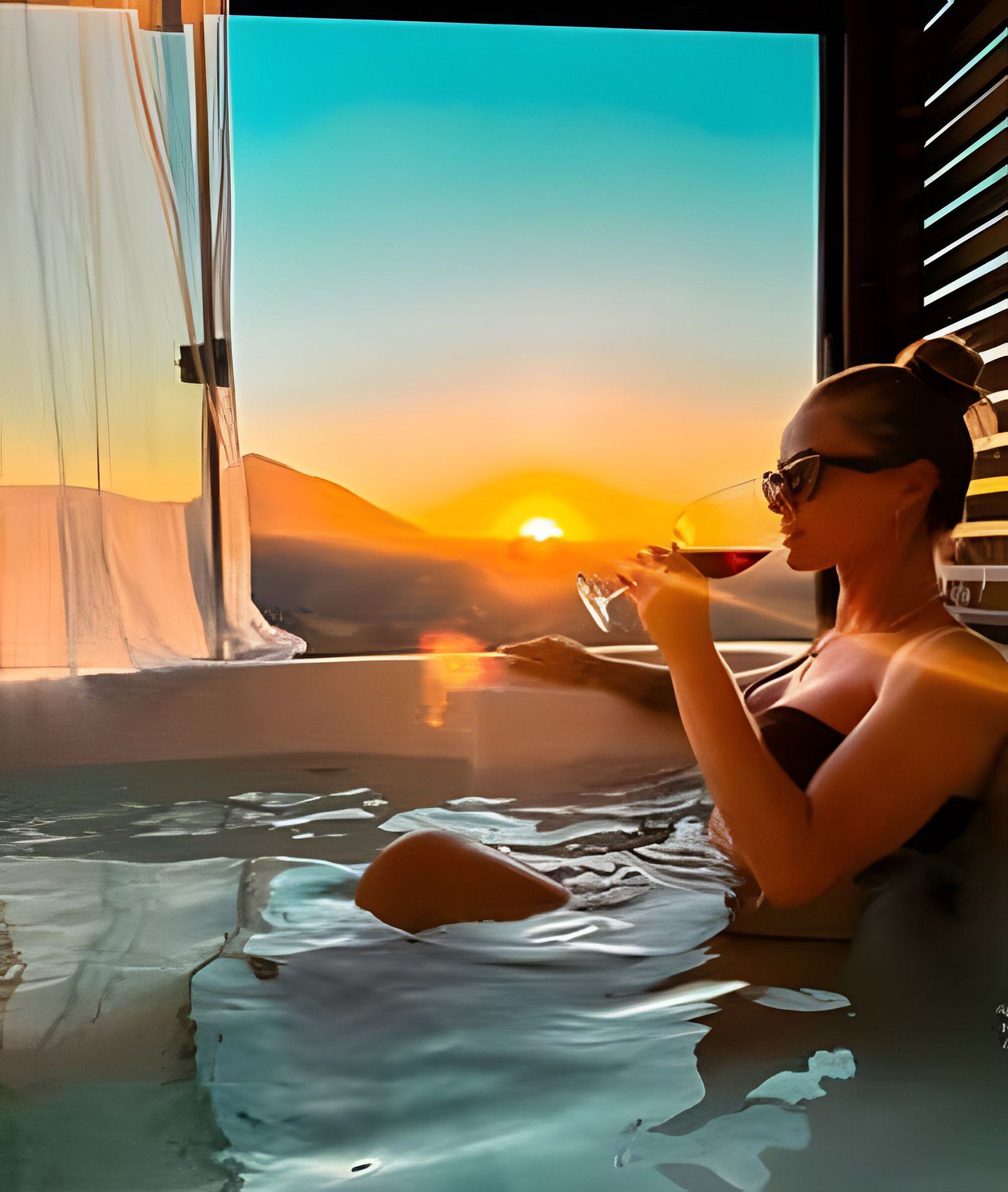A person in a hot tub with a sunset view.