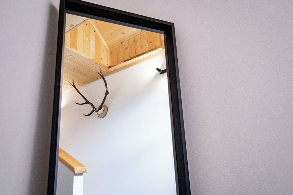 A mirror reflecting a wooden ceiling and a wall-mounted deer antler.