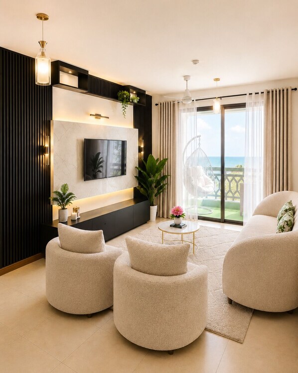 A modern living room with a flat-screen TV, round seating, a small coffee table, and a view of the outdoors.